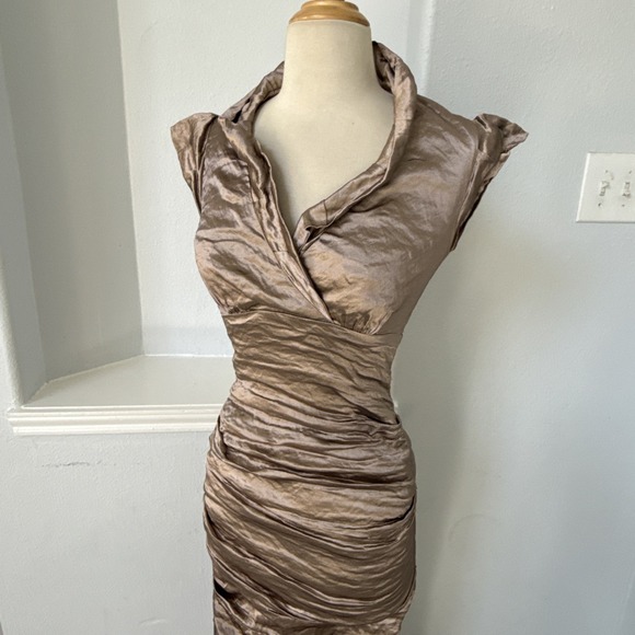 Nicole Miller Dress 0 Bronze Babydoll Ruched Mermaid Formal Gown Evening - Picture 8 of 12